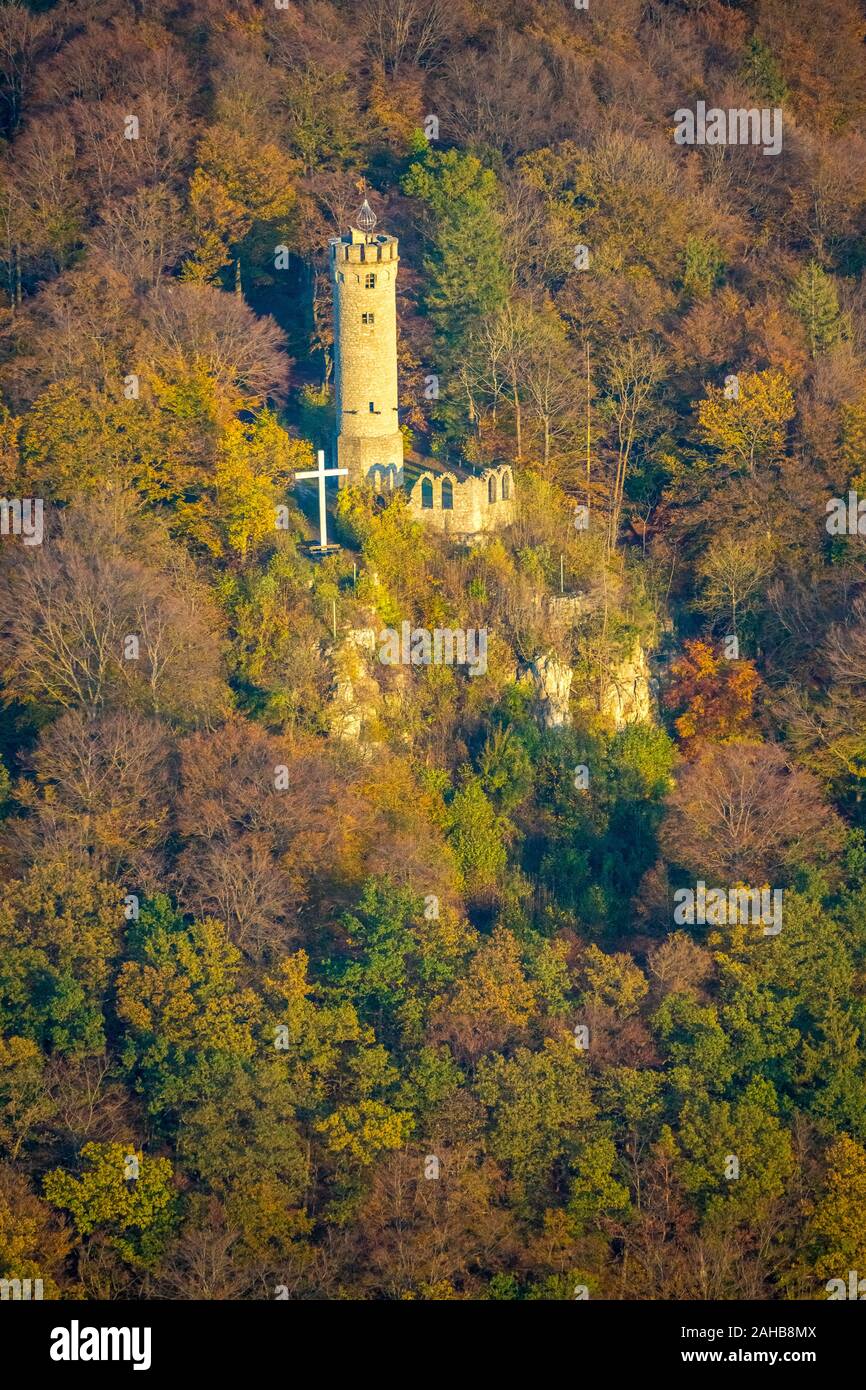 aerial view, Bilstein tower in autumn forest, Marsberg, Sauerland, North Rhine-Westphalia, Germany, DE, Europe, birds-eyes view, aerial photograph, ae Stock Photo