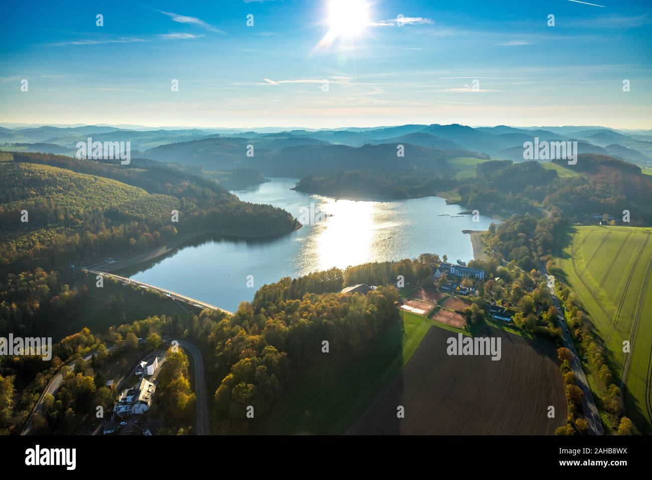 Aerial photograph, Hennetalsperre, Hennesee, low water at the shore, Meschede, Sauerland, North Rhine-Westphalia, Germany, DE, Europe, shapes and colo Stock Photo