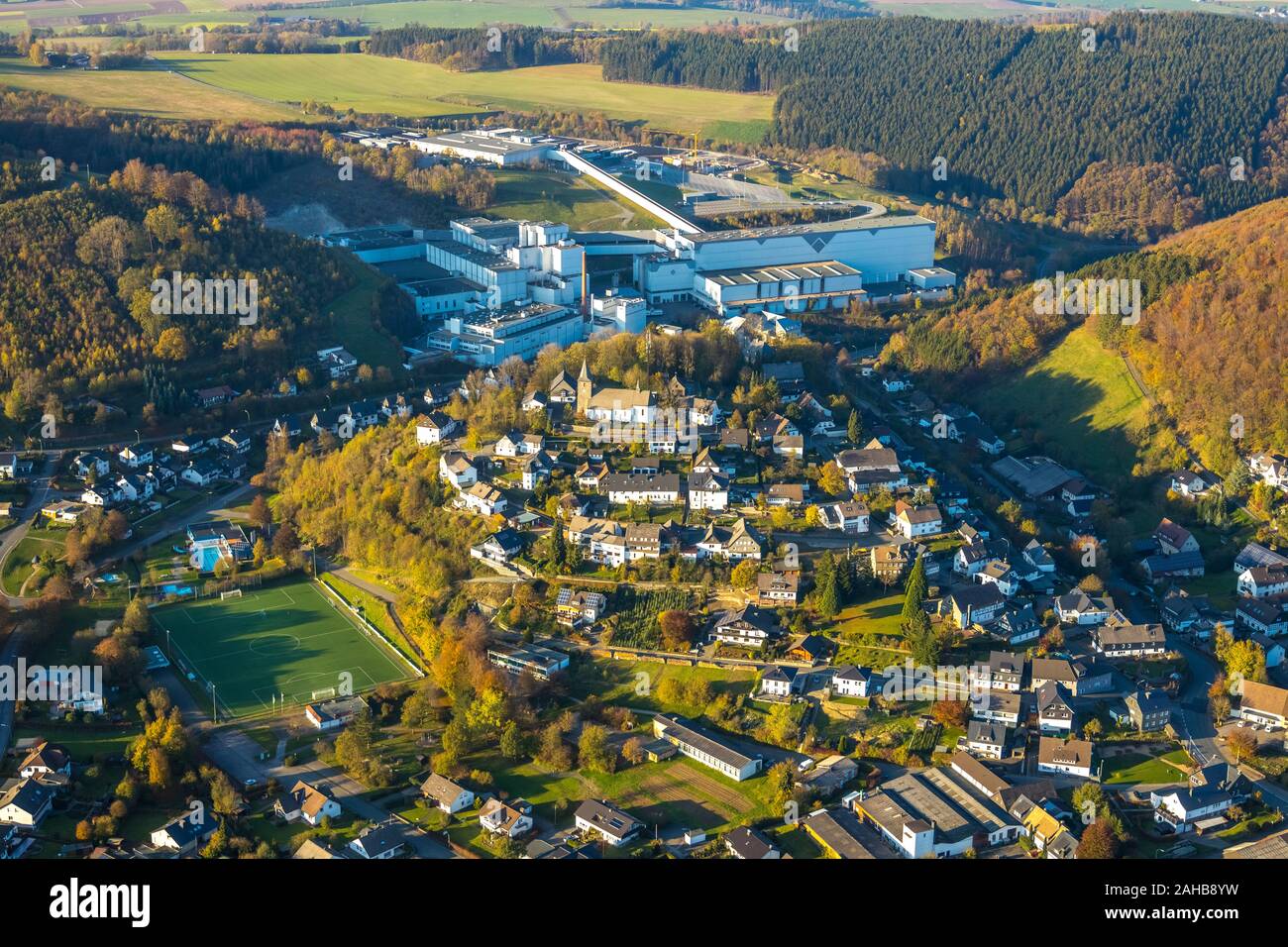 Aerial photograph, Brewery C.& A. VELTINS GmbH & Co. KG, Village view Grevenstein with church St. Antonius Einsiedler, Grevenstein, Meschede, Sauerlan Stock Photo