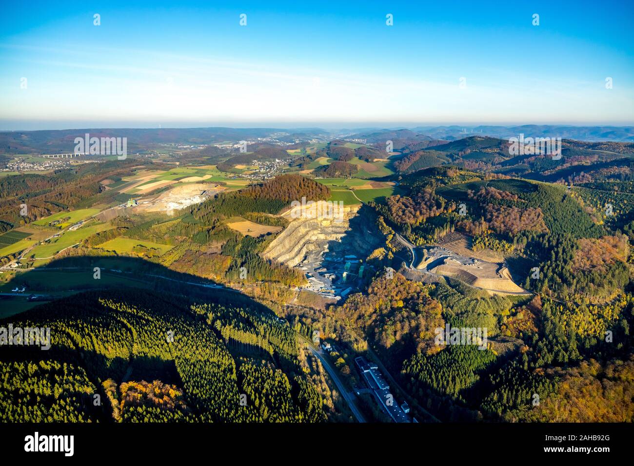 Aerial photograph, WGU Berge am Kanzenberg quarry, Meschede, Sauerland, North Rhine-Westphalia, Germany, mountains and valleys, DE, Europe, distant vi Stock Photo