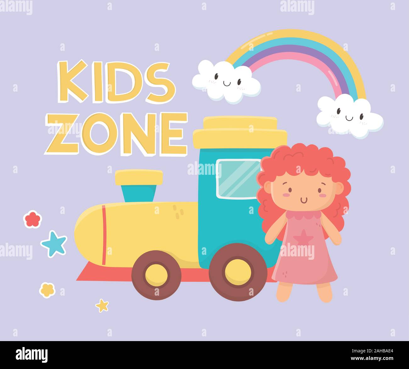 kids zone, rubber train and pink little doll toys vector illustration