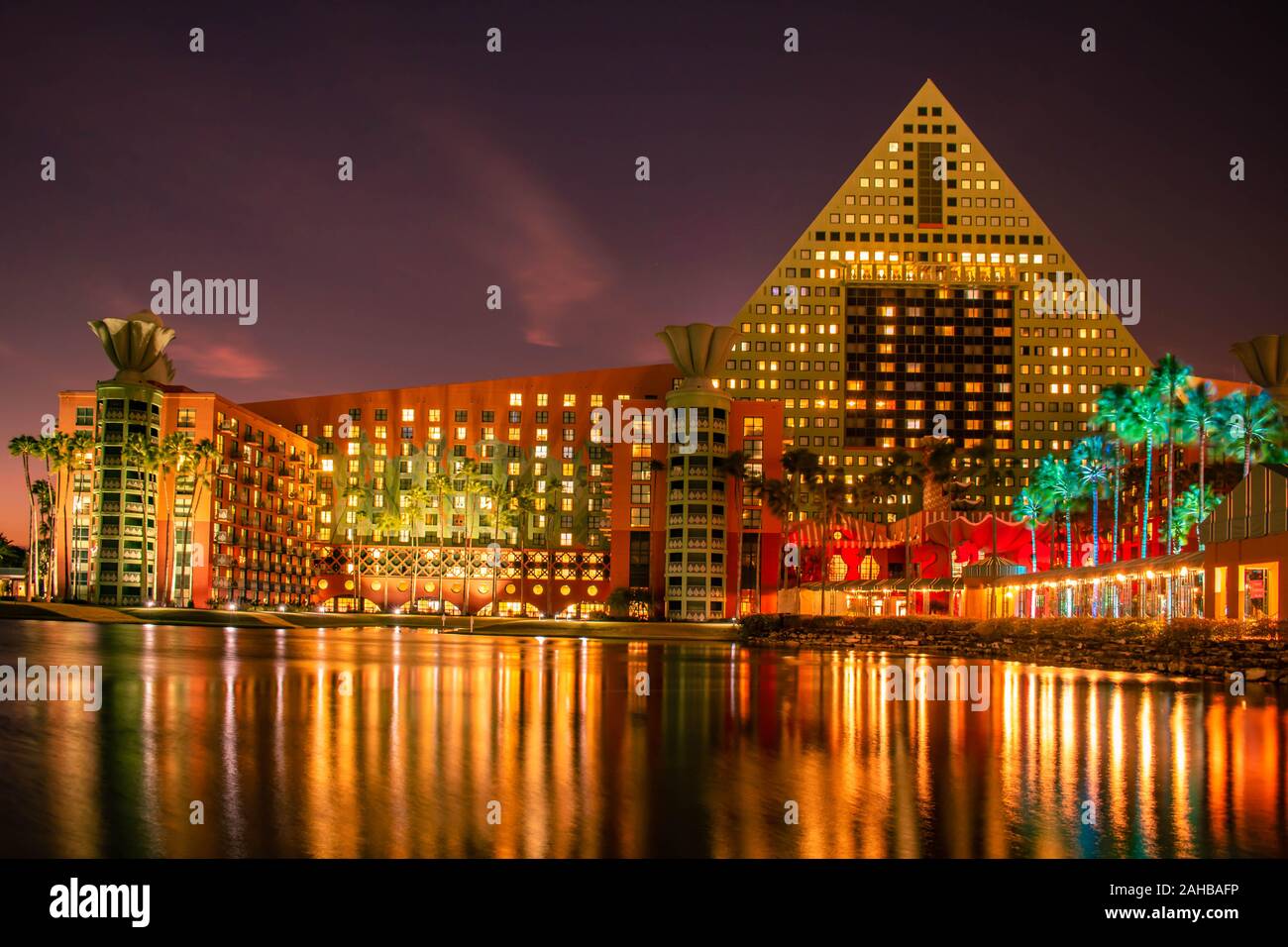 Orlando, Florida.  December 18, 2019. Partial view of illuminated Dolphin Hotel in Lake Buena Vista area Stock Photo
