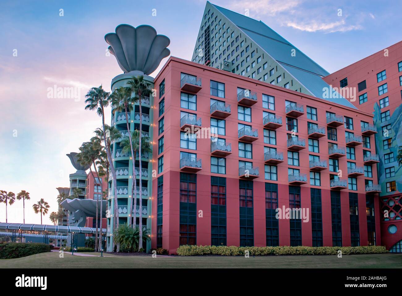 Orlando, Florida.  December 18, 2019. Partial view of Walt Disney Dolphin Hotel in Lake Buena Vista area Stock Photo