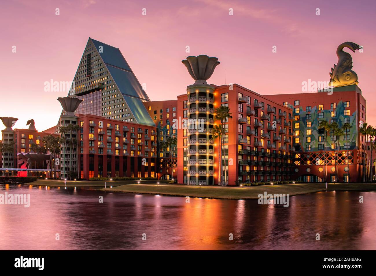 Orlando, Florida.  December 18, 2019. Walt Disney World Dolphin Hotel  on sunset background in Lake Buena Vista area Stock Photo