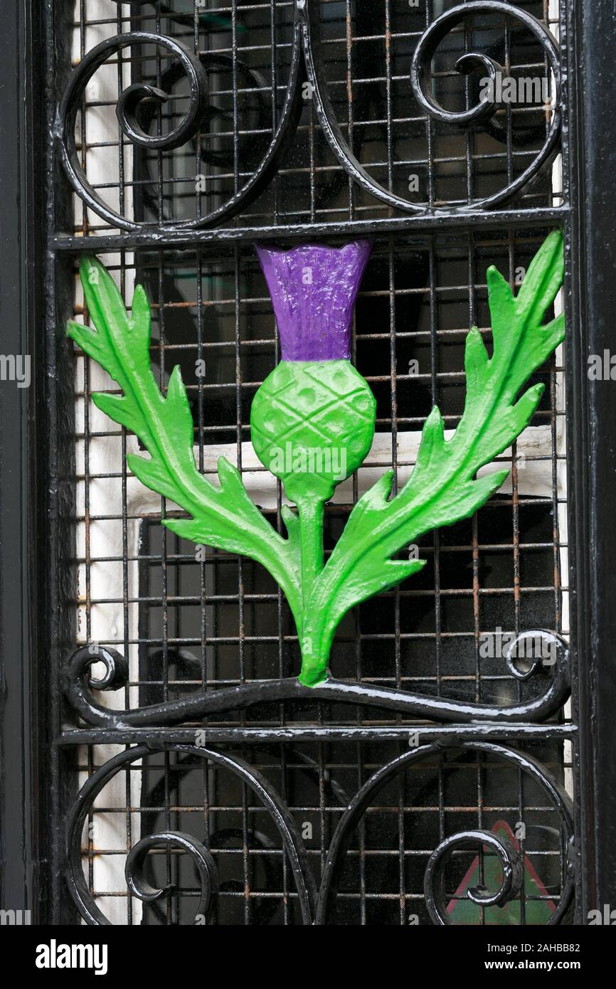 Thistle on door, The Royal Mile, Edinburgh, Scotland, United Kingdom Stock Photo