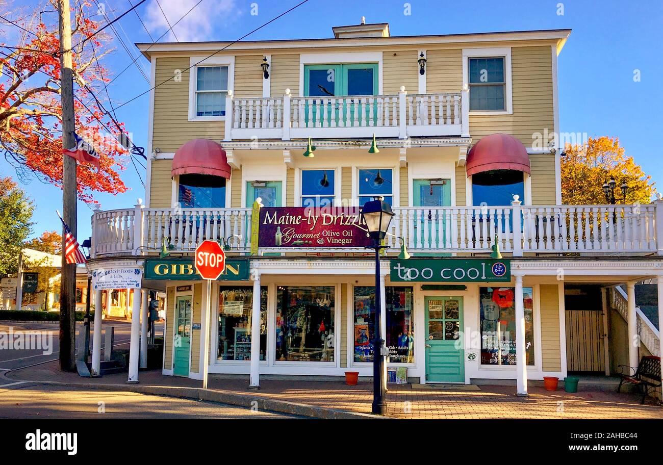 Exterior of locally owned gift and speciality food shops at the corner