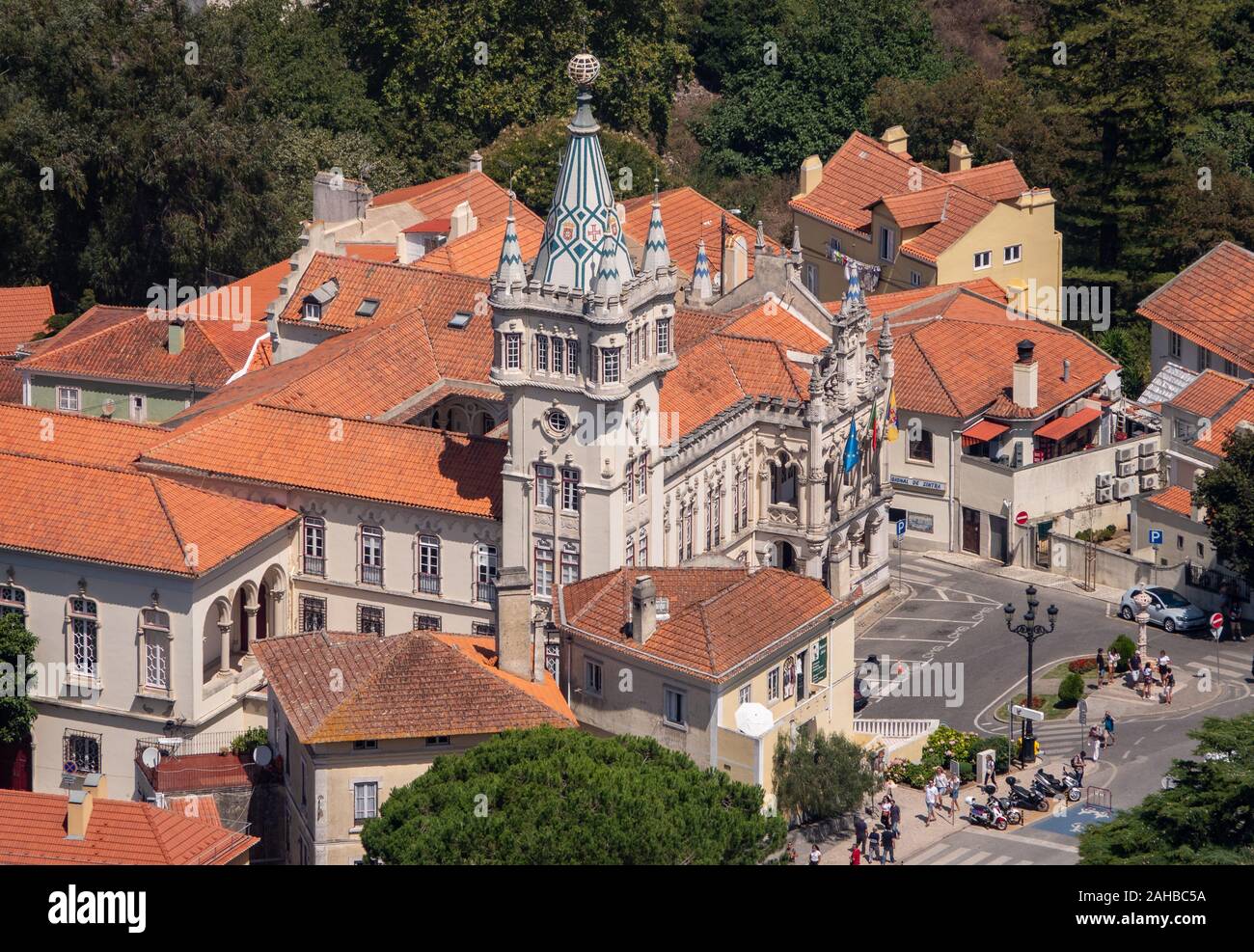 Sintra, Portugal - 21 August 2019: Aerial view of the city of Sintra and the Town Hall from the walls of Moorish castle Stock Photo
