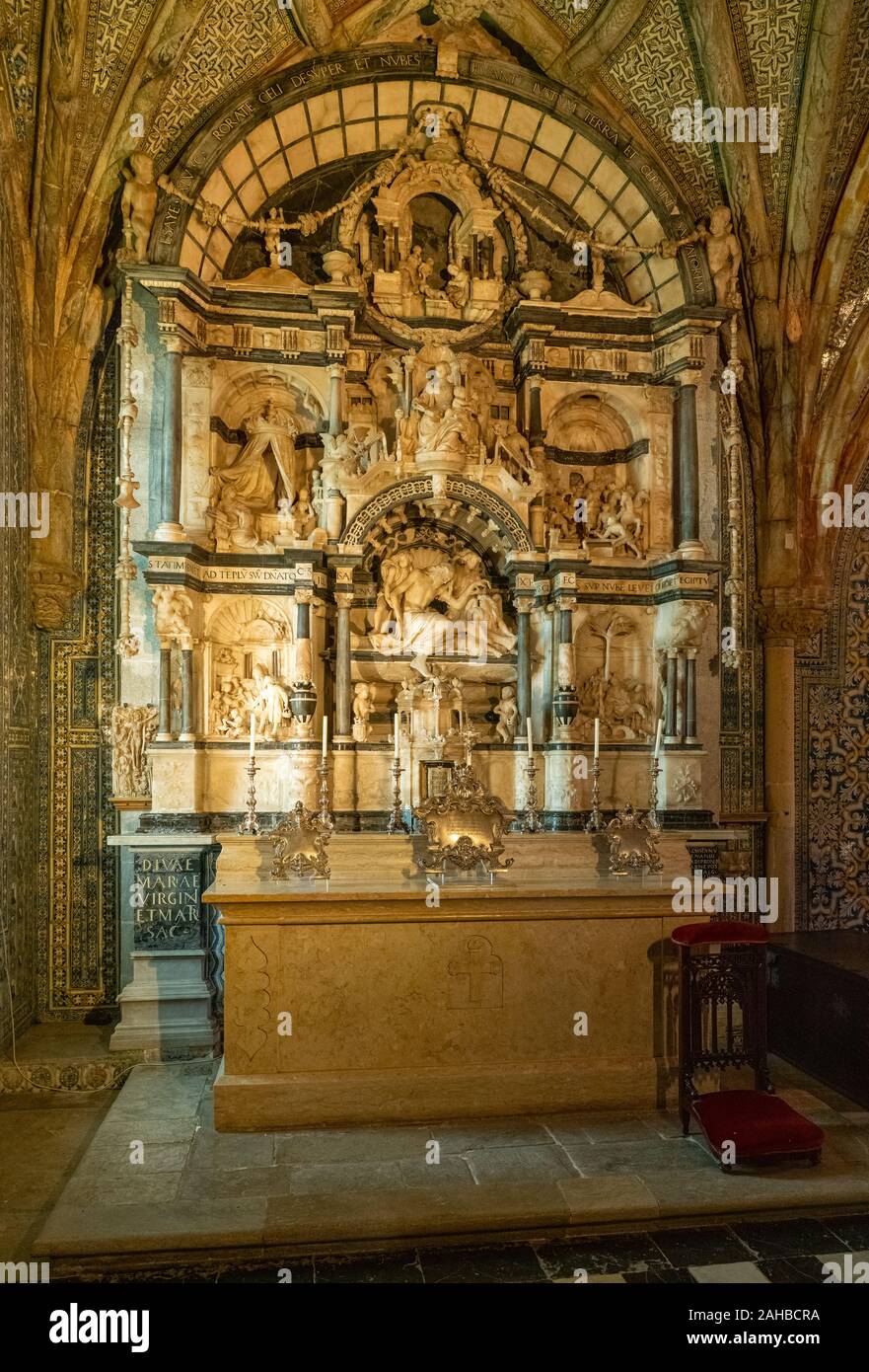 Sintra, Portugal - 21 August 2019: Main altar in the Chapel of Our Lady of Pena at Pena Palace Stock Photo
