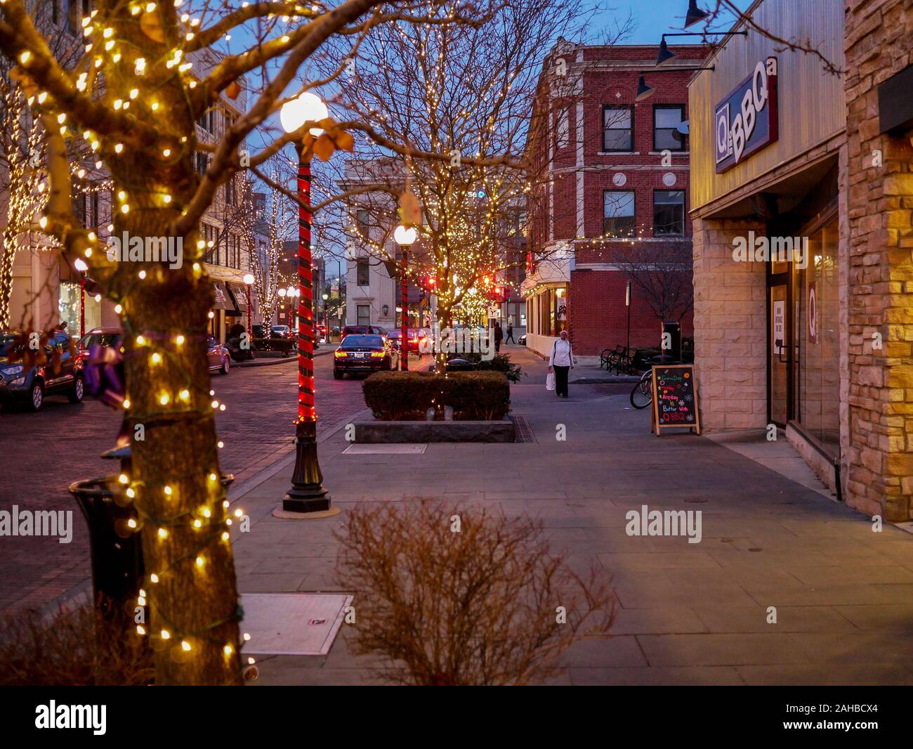 Marion Street, downtown Oak Park, Illinois with Christmas lights and