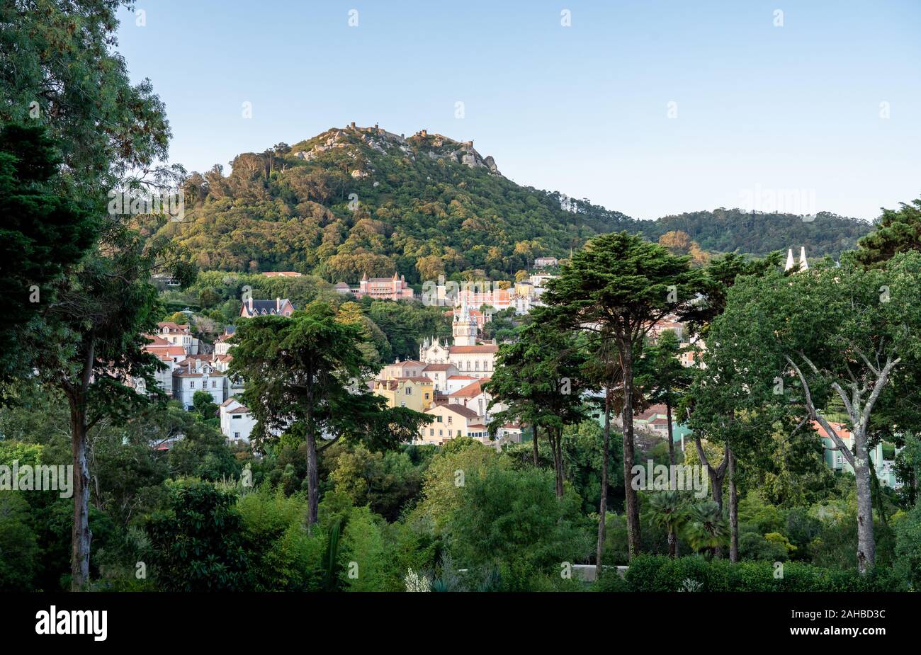 View of the Portuguese town of Sintra with the Moorish fortress on the hilltop above the city Stock Photo