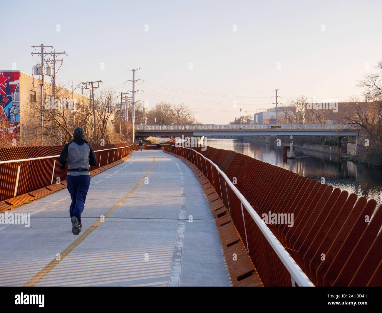 Riverview Bridge, Chicago's longest pedestrian bridge. 312 RiverRun, North Branch Chicago River. Stock Photo