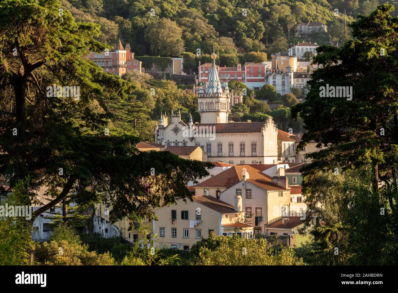 Sunset view of the Portuguese town of Sintra with the spectacular town hall in the foreground Stock Photo