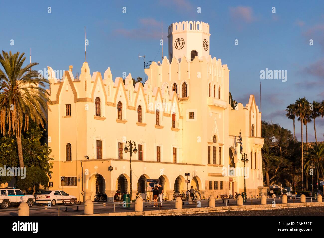 Kos, Greece - September 19th 2019: Clock tower and Police administrative building. The building was completed in 1928 during the Italian occupation. Stock Photo