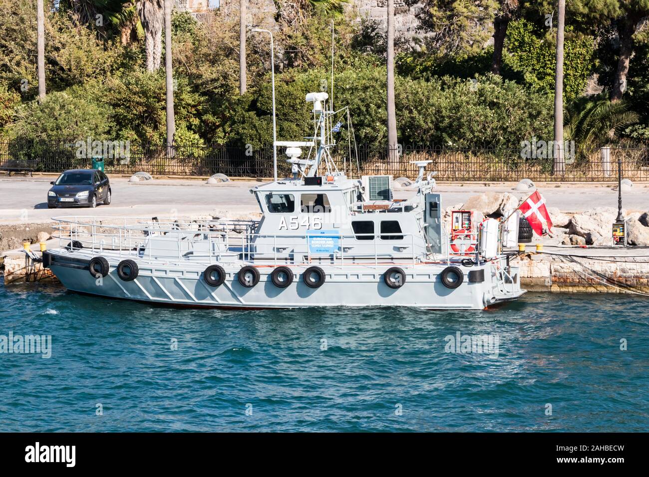 Kos, Greece - September 21st 2019: - Greek navy ship moored in the harbour. It is part of the European Border Control and Coastguard fleet. Stock Photo