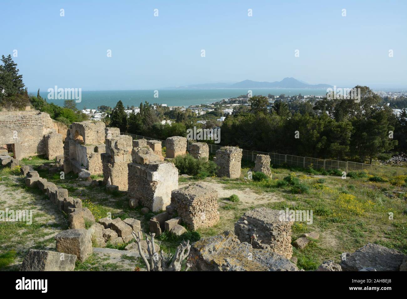 The old Punic (Carthaginian) archaeological ruins at Byrsa Hill in the posh Tunis suburb of Carthage, on the Mediterranean coast of Tunisia. Stock Photo