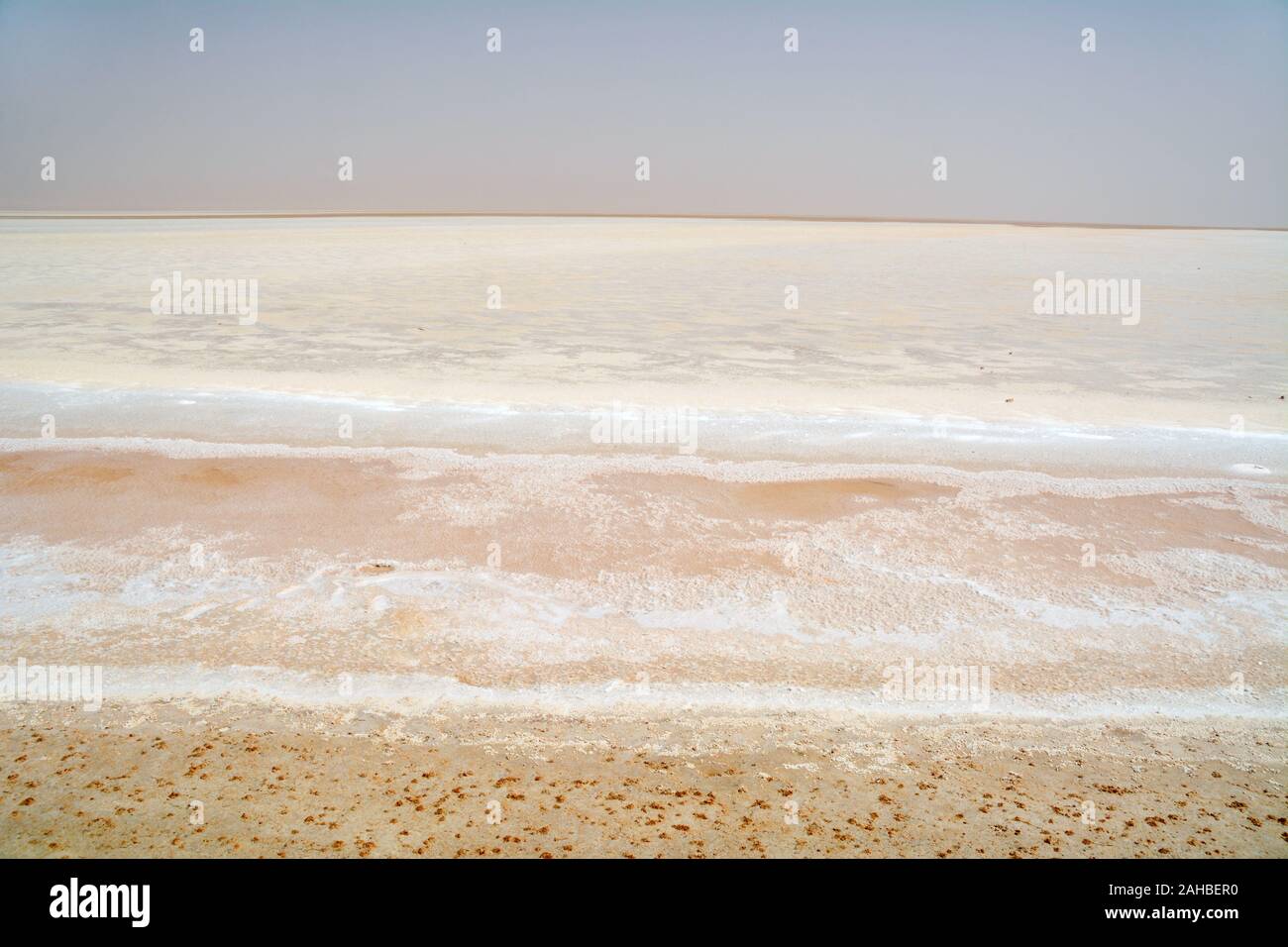 The flat and dry exposed lake bed of the Chott el Djerid salt lake near the town of Tozeur in the Sahara Desert of southern Tunisia, North Africa. Stock Photo