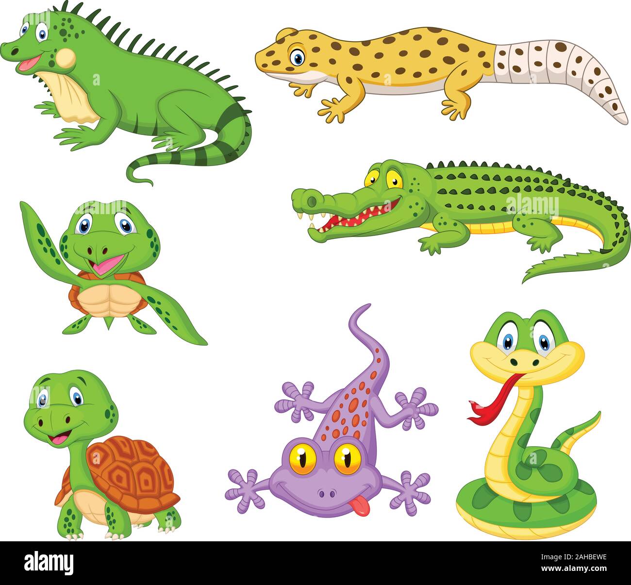 Cartoon reptiles and amphibians collection set Stock Vector