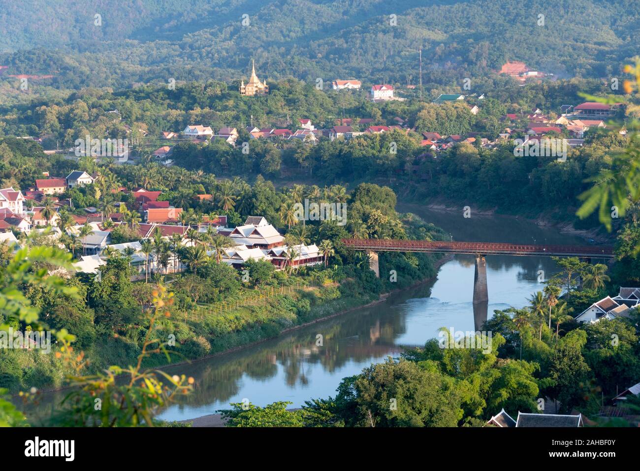 View over town and Nam Khan River from Phousi Hill, Luang Prabang, Laos Stock Photo