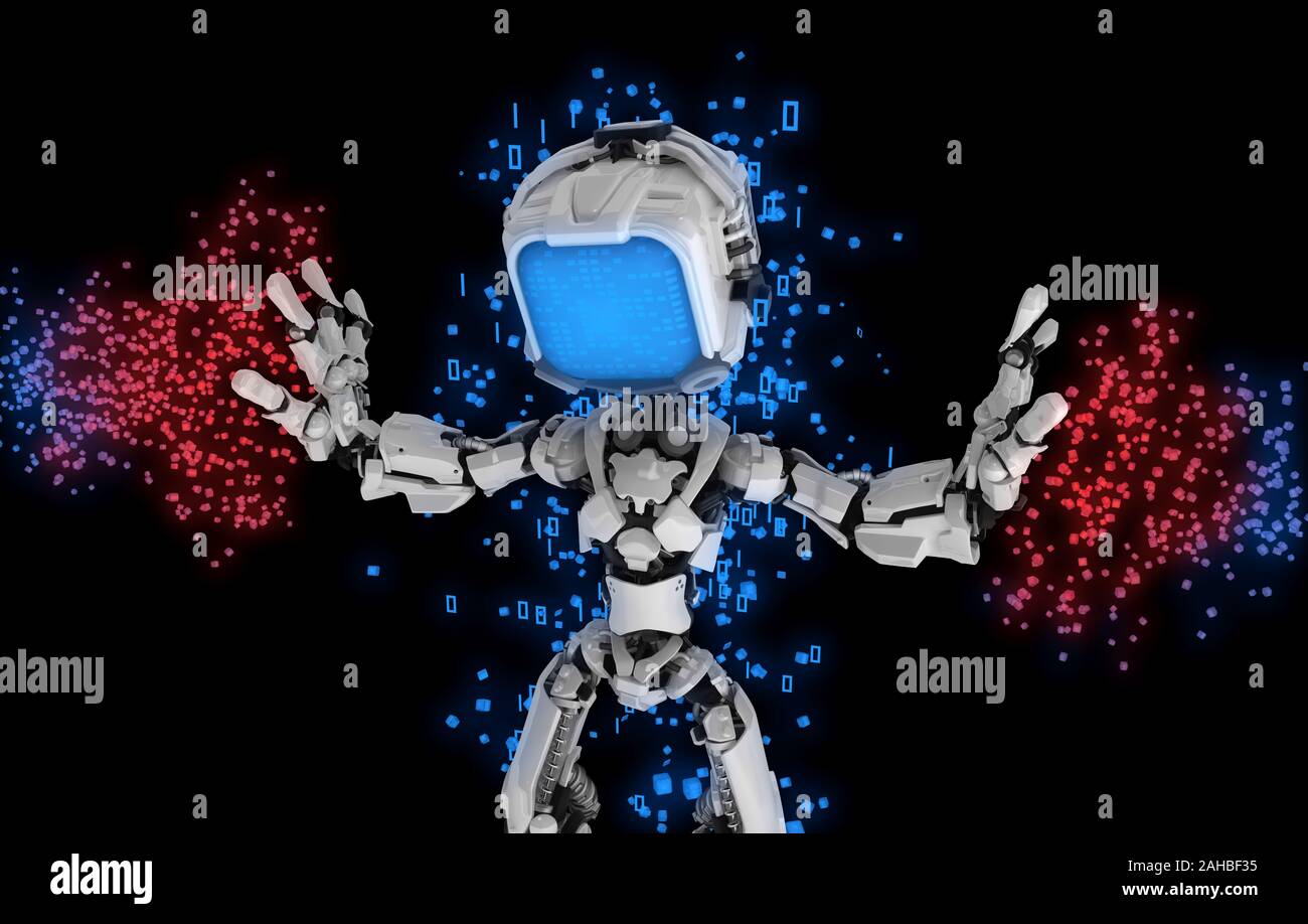 Screen robot figure character data glowing red stream blocking in dark, 3d illustration, horizontal, over black Stock Photo