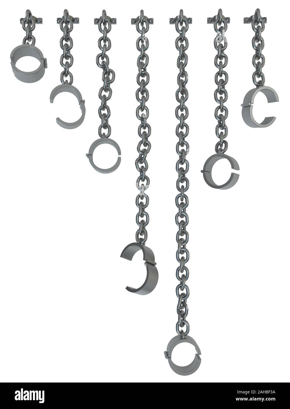 Shackles chain attached hanging selection lengths grey metal 3d illustration, isolated, vertical, over white Stock Photo