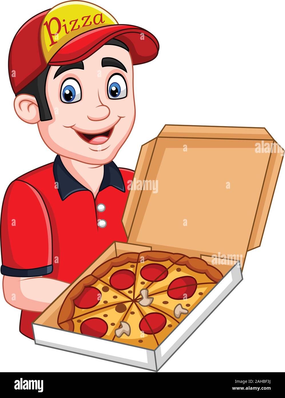 Cartoon pizza deliveryman holding open cardboard box with pepperoni pizza  Stock Vector Image & Art - Alamy