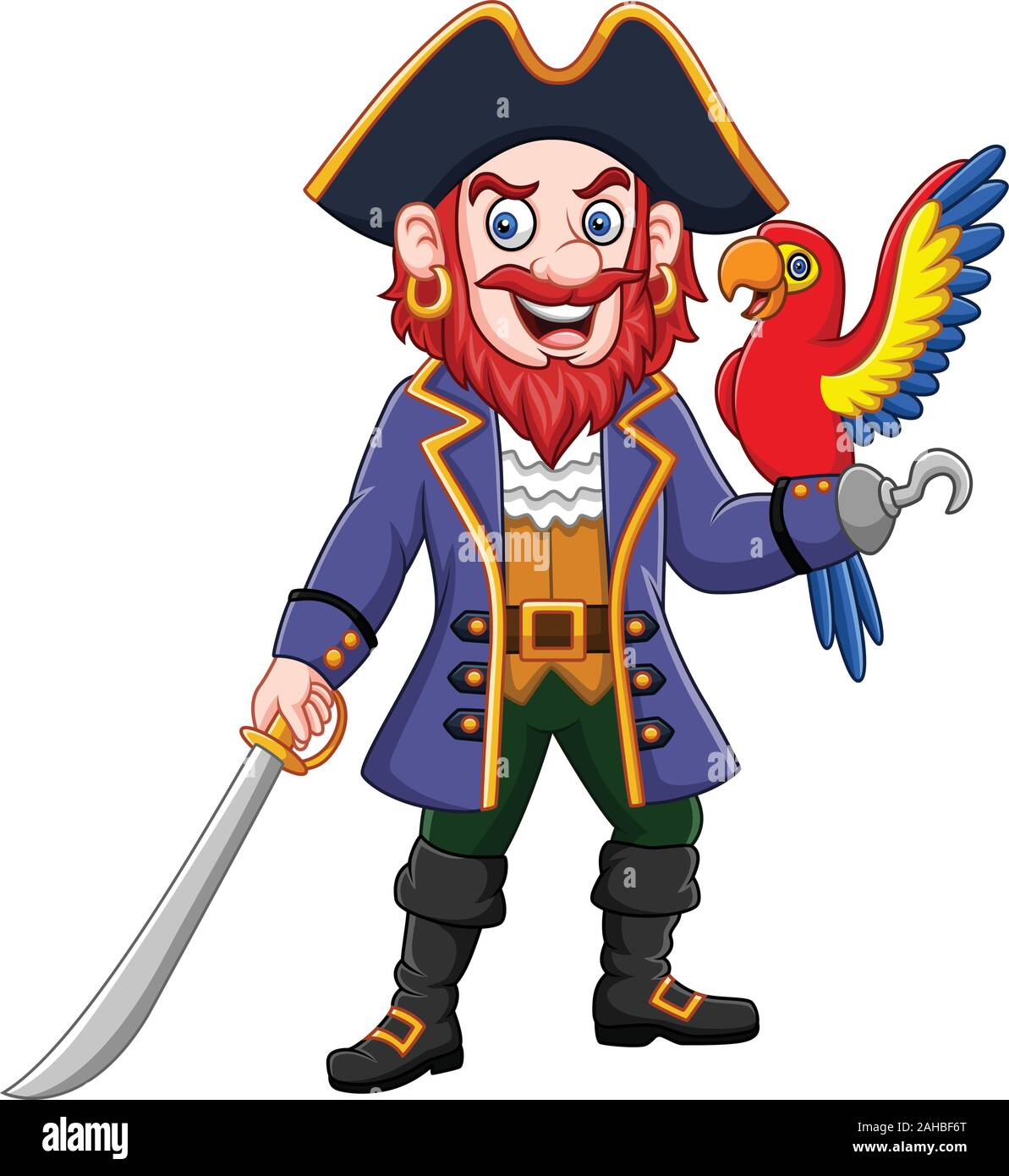 Cartoon pirate captain and macaw bird Stock Vector
