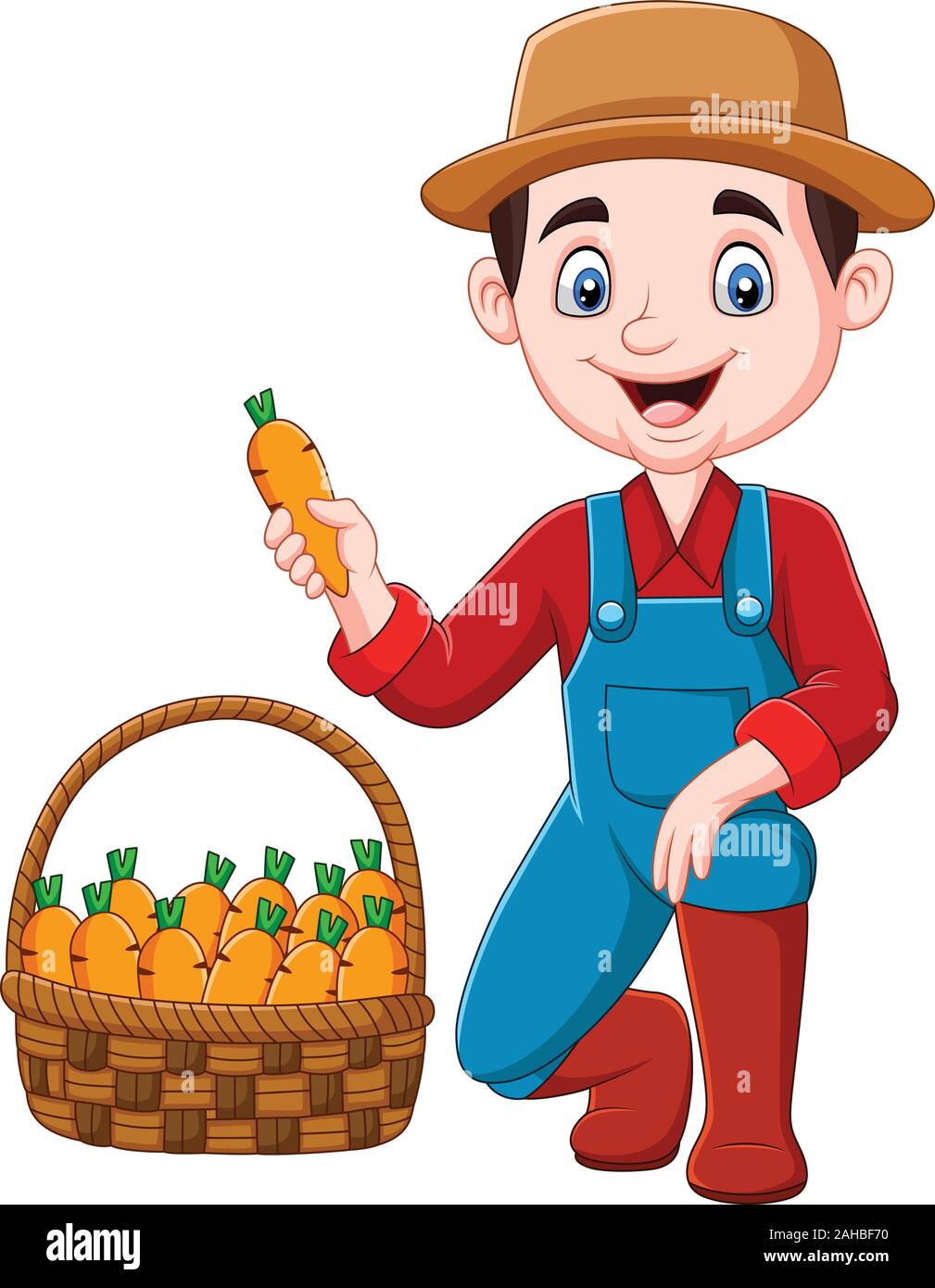 Cartoon little farmer harvesting carrots Stock Vector