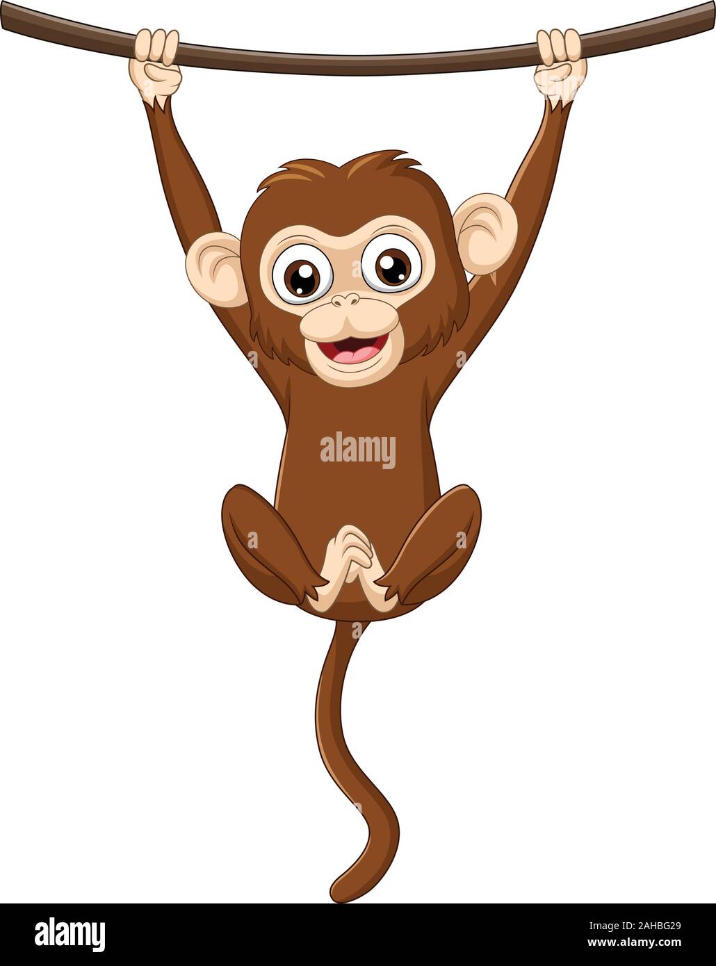 Cartoon baby monkey hanging on a wood branch Stock Vector Image & Art -  Alamy