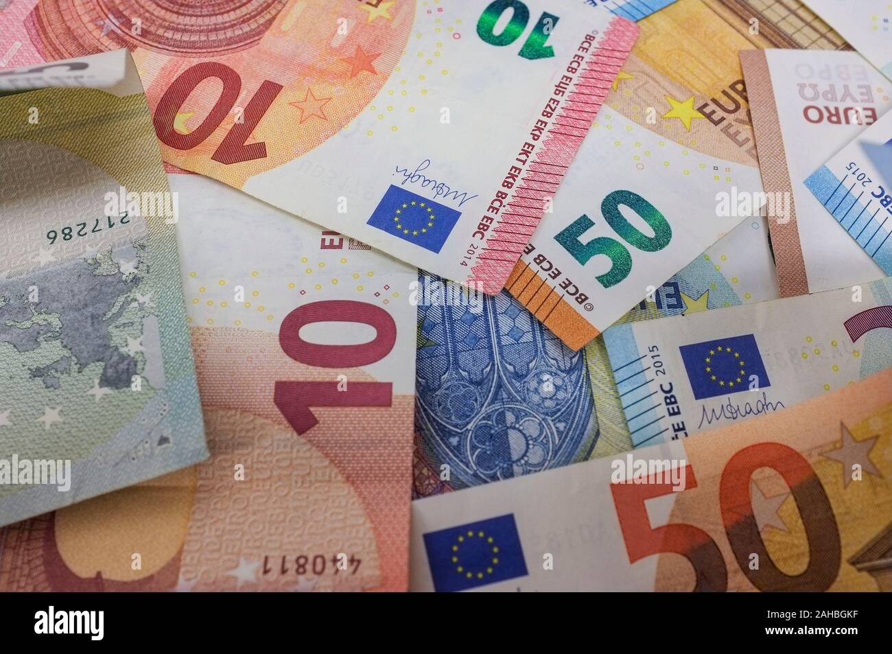 Closeup of European Euro Banknotes. The Euro is the currency from the Eurozone. Stock Photo