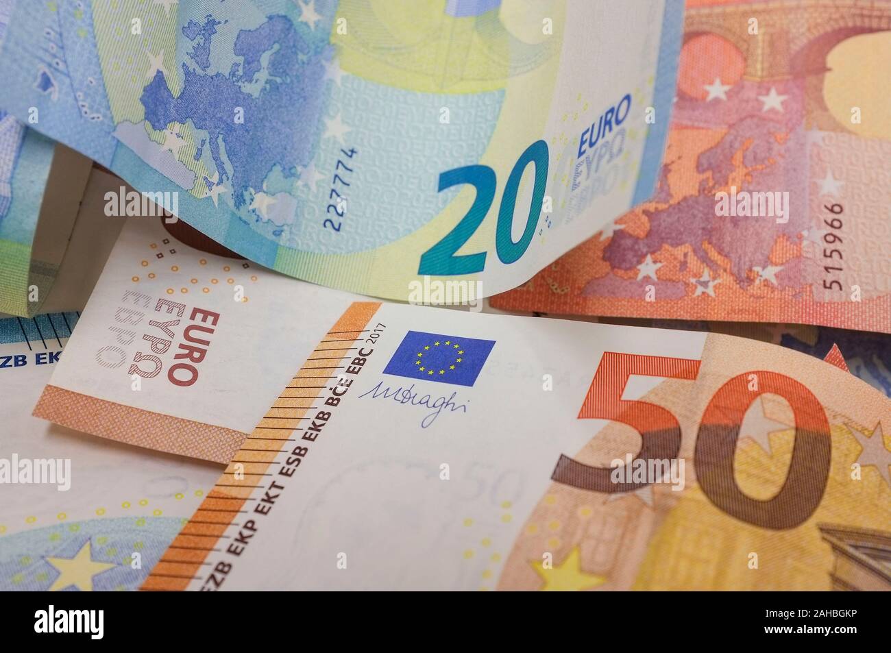 Closeup of European Euro Banknotes. The Euro is the currency from the Eurozone. Stock Photo