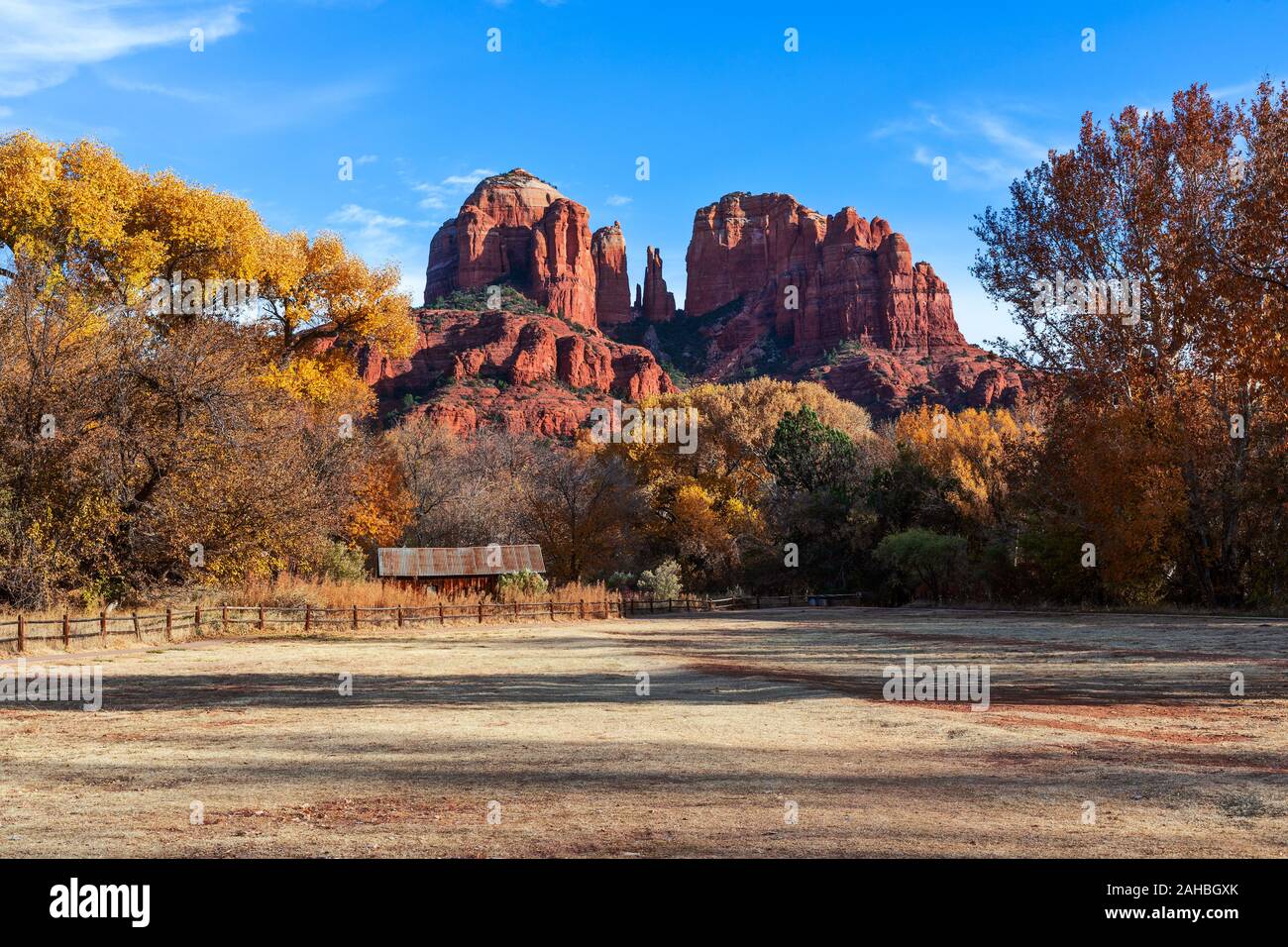Cathedral Rock with fall colors and red rocks in Sedona, Arizona Stock Photo