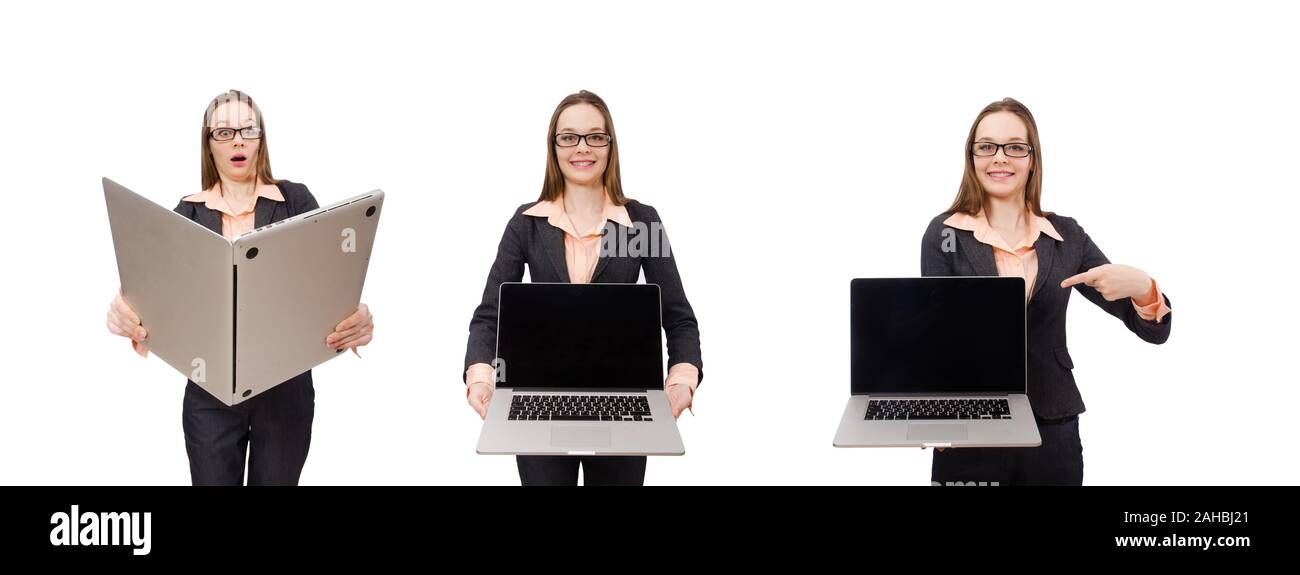 The working lady with laptop isolated on white Stock Photo