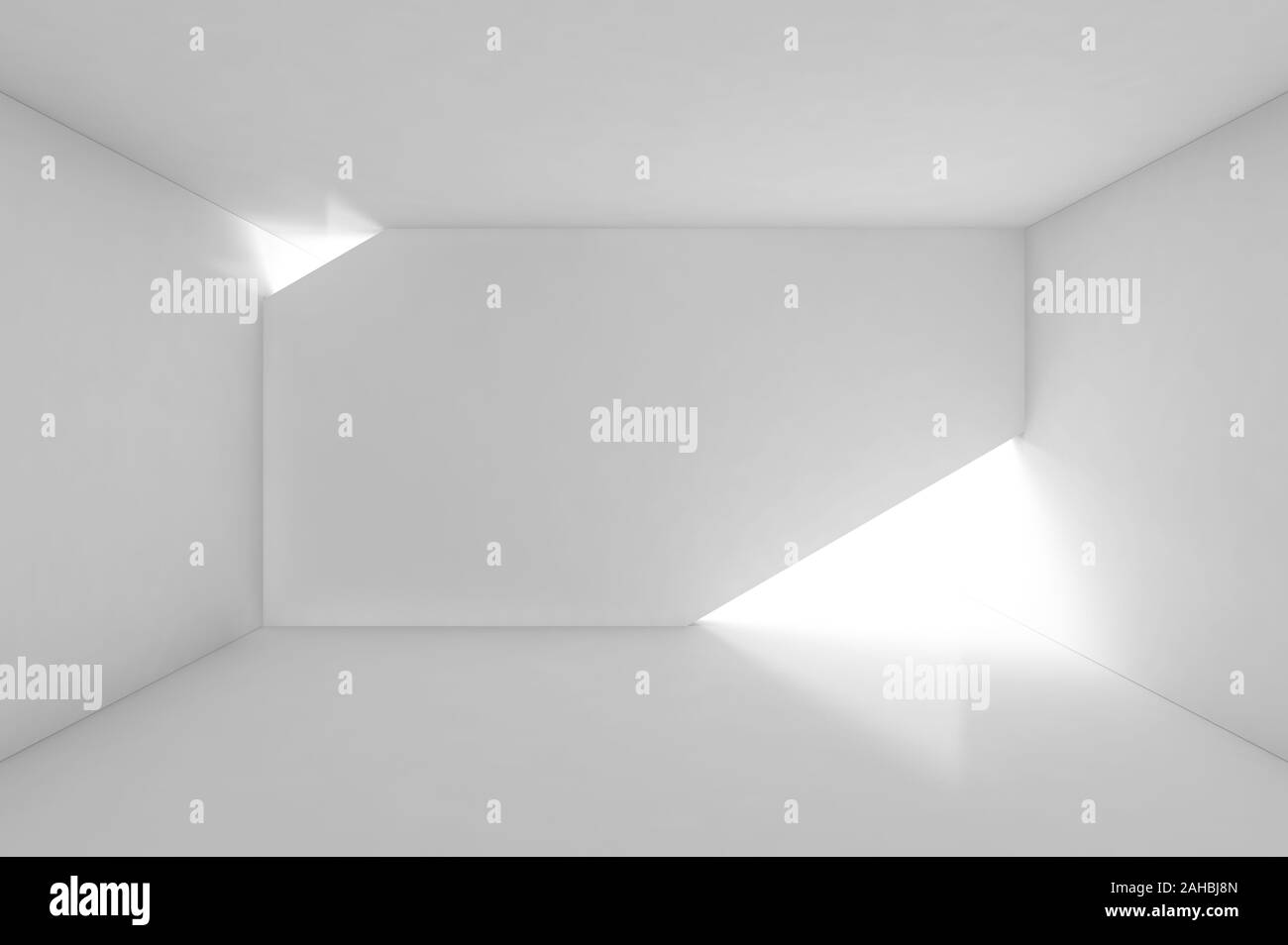 Abstract empty white interior with illuminated front wall installation ...