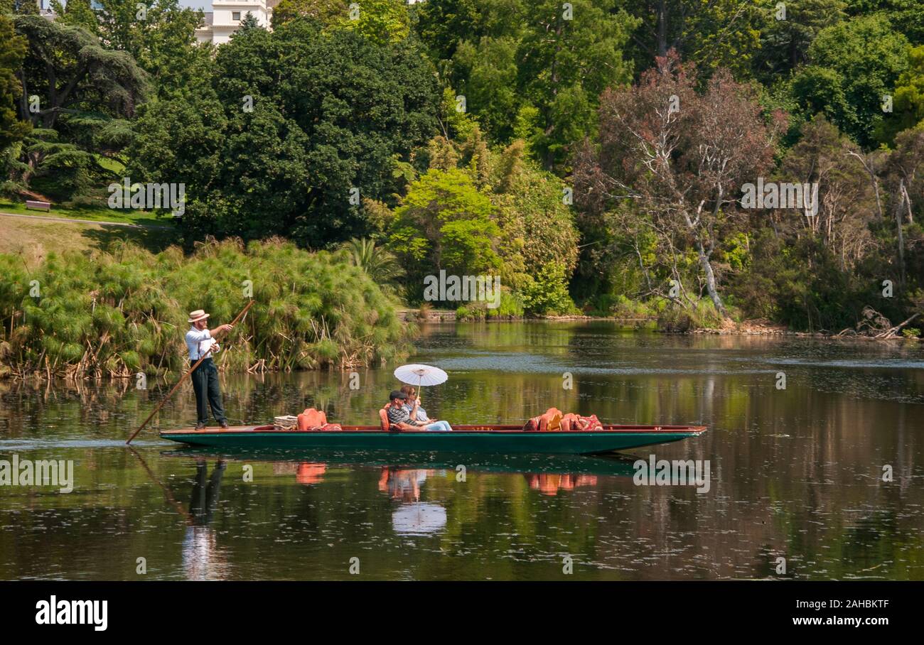 Punting on the Ornamental Lake, Royal Botanic Gardens, Melbourne, Australia Stock Photo