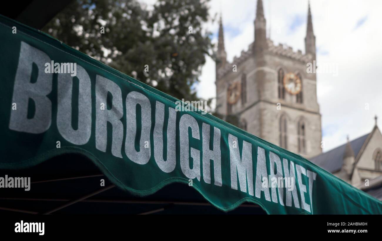 LONDON, UK - SEPTEMBER 21, 2018:  Sign for Borough Market against the background of Southwark Cathedral Stock Photo