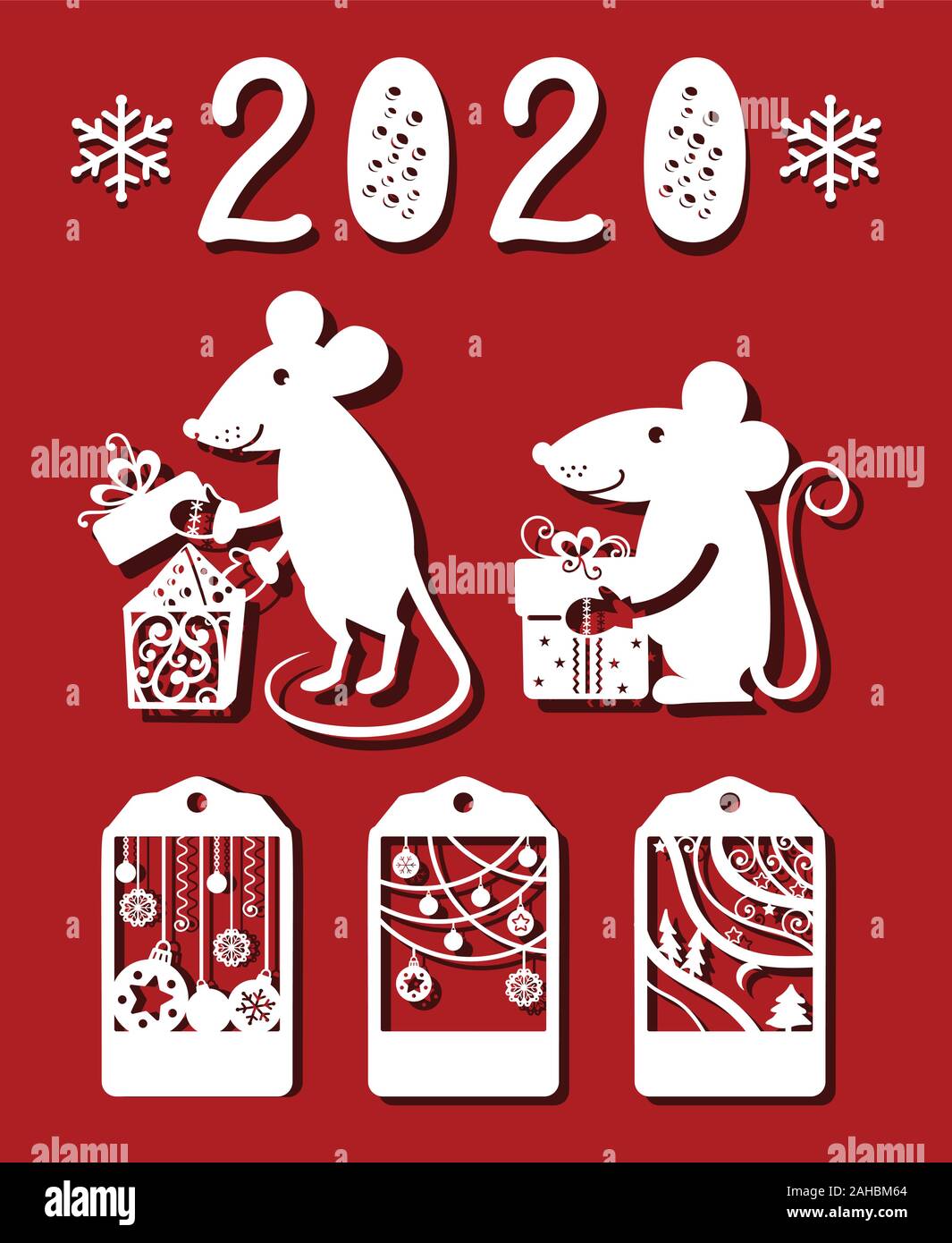 Chinese New Year card for laser cut. Happy rat takes cheese out the box. Rat holds gift. Winter tags Stock Vector