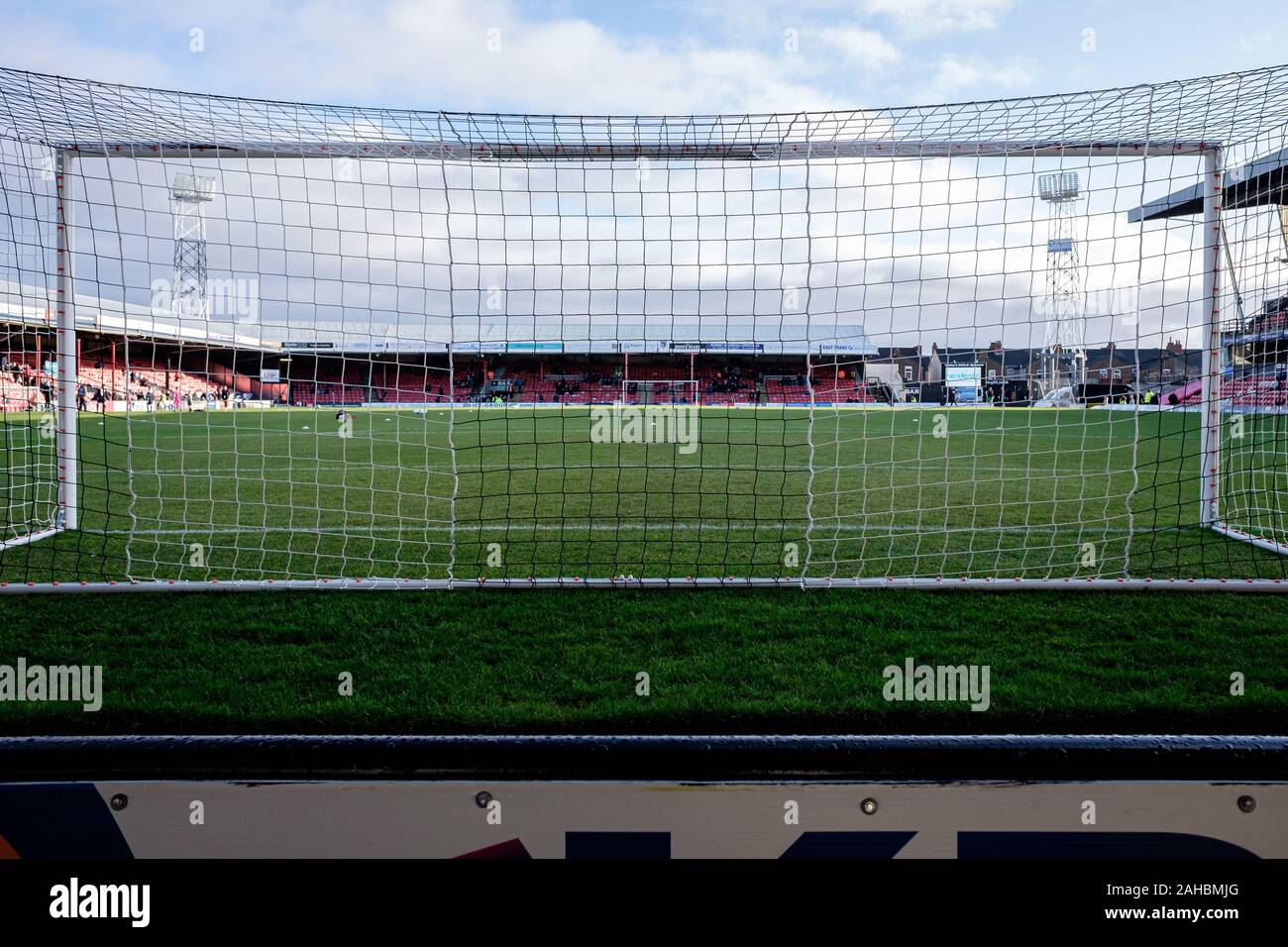 Behind the goal looking onto the pitch at Blundell Park, home of Grimsby Town Football Club, UK Stock Photo