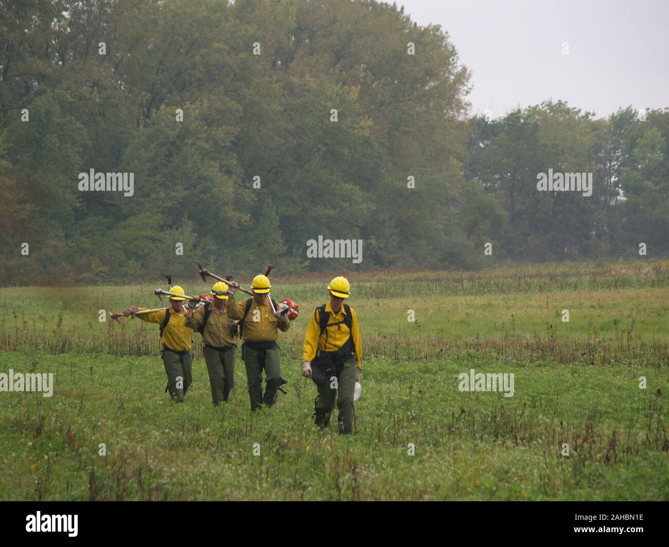 Midewin National Tallgrass Prairie. September 21, 2009. A crew of workers hired with ARRA funding, walks to their job site on the Midewin National Tallgrass Prairie. Stock Photo