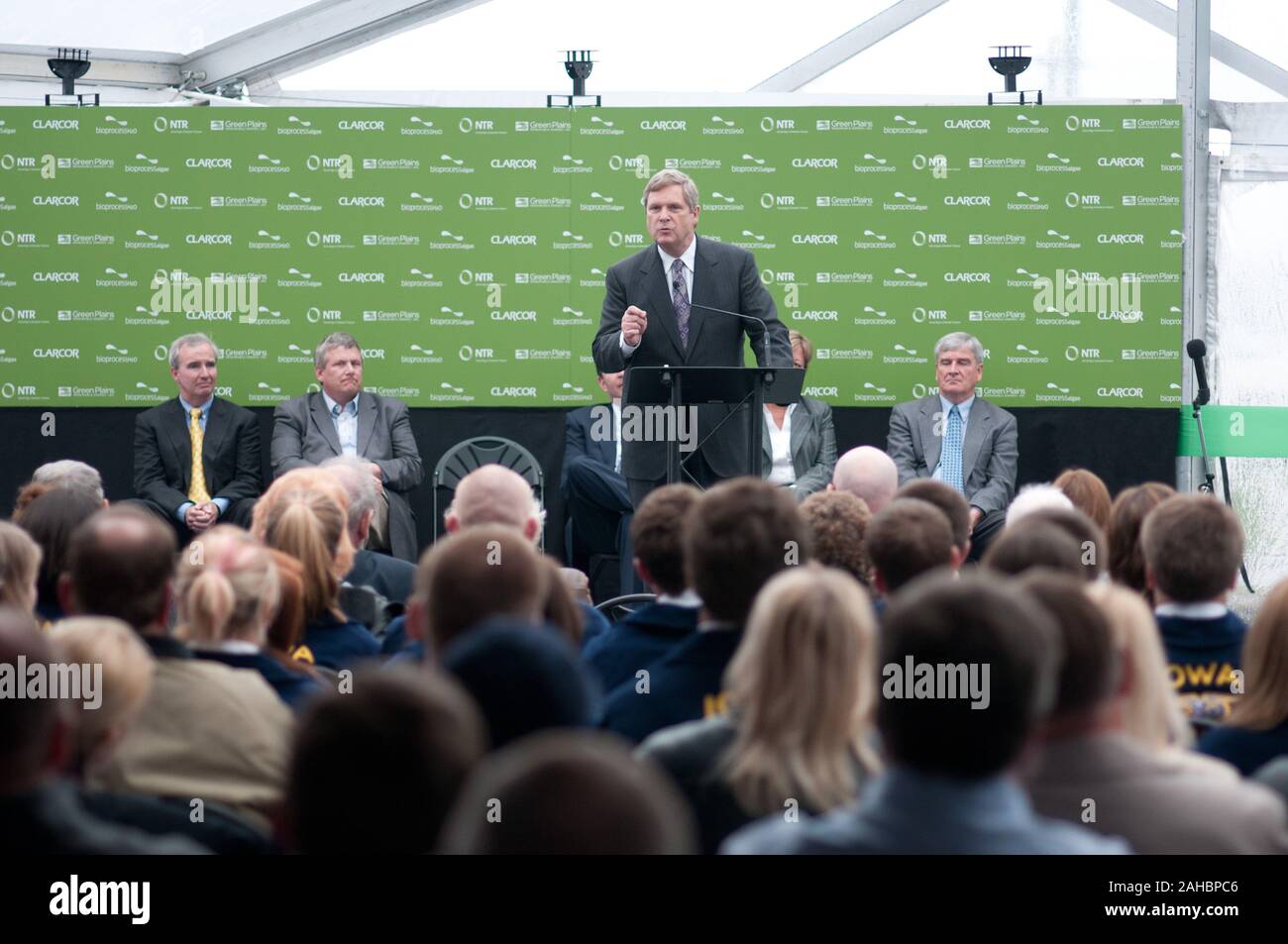 U.S. Department of Agriculture (USDA) Secretary Tom Vilsack encuraged young prople such as the representatives of Iowa's FFA  (in blue) during his key note speech and then spent time immedately after the grand opening ceremony of the BioProcess Algae facility at Green Plains Renewable Energy (GPRE), Inc. on April 15, 2011 in Shenandoah, IA. Stock Photo