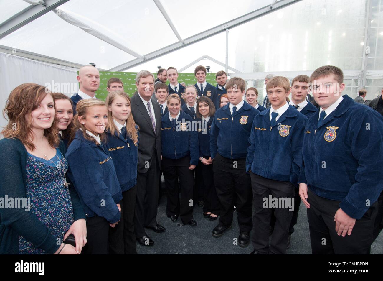 U.S. Department of Agriculture (USDA) Secretary Tom Vilsack encuraged young prople such as the representatives of Iowa's FFA during his key note speech and then spent time immedately after the grand opening ceremony of the BioProcess Algae facility at Green Plains Renewable Energy (GPRE), Inc. on April 15, 2011 in Shenandoah, IA. Stock Photo