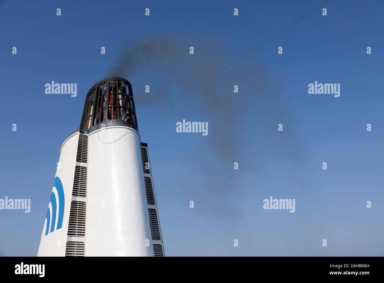 Durres, Albania, July 4 2019: Smoking chimney of a passenger ferry in ...
