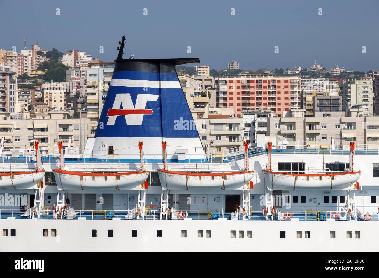 Durres, Albania, July 4 2019: Close up of a chimney of a passenger ...