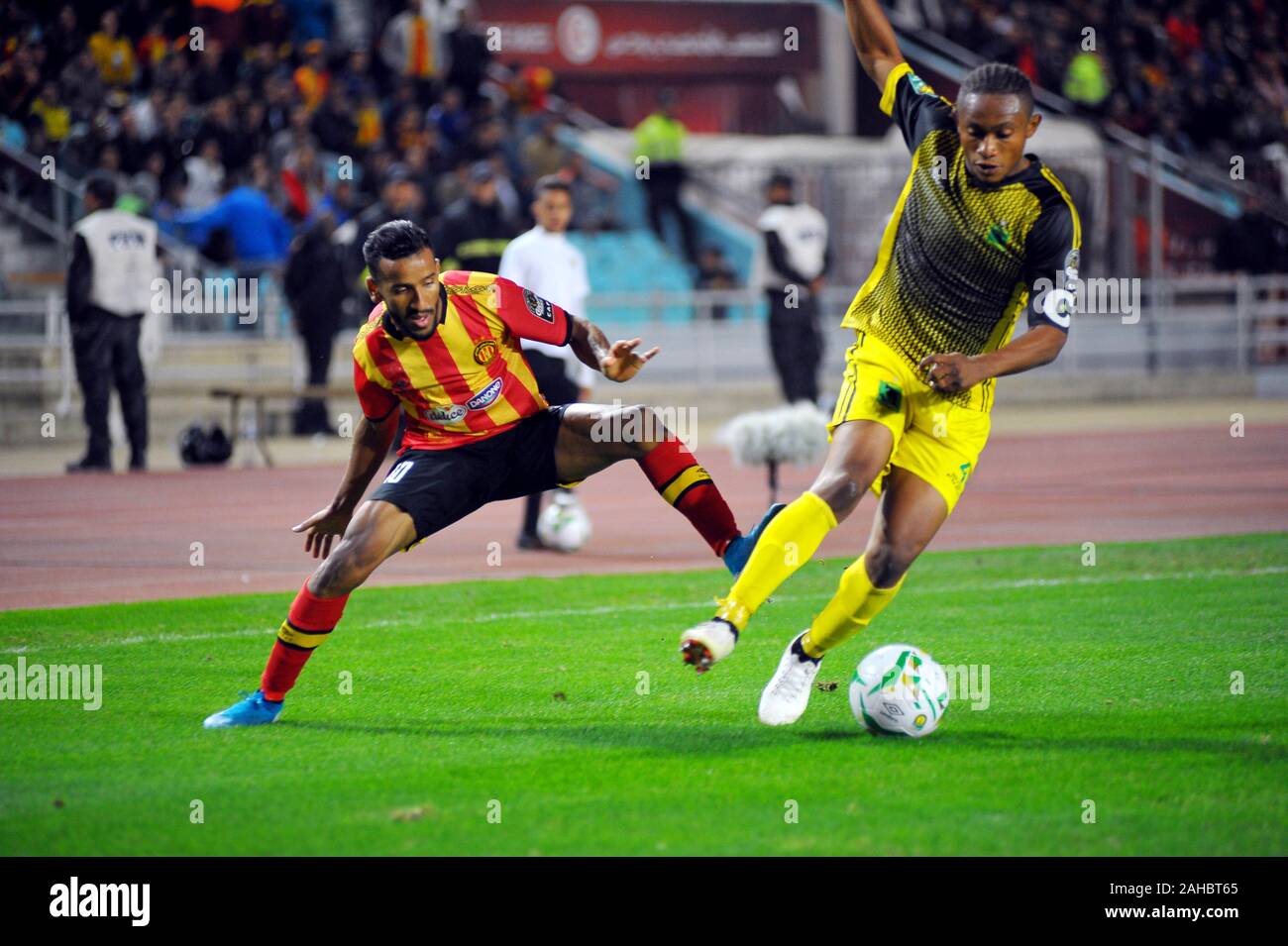 Rades, Tunis. 27th Dec, 2019. Mohamed El Houni of EST(10) and Bangala  Litombo(4) during the match EST (Tunisia) vs AS V Club (DR Congo) CAF Total  League of African Champions at Rades