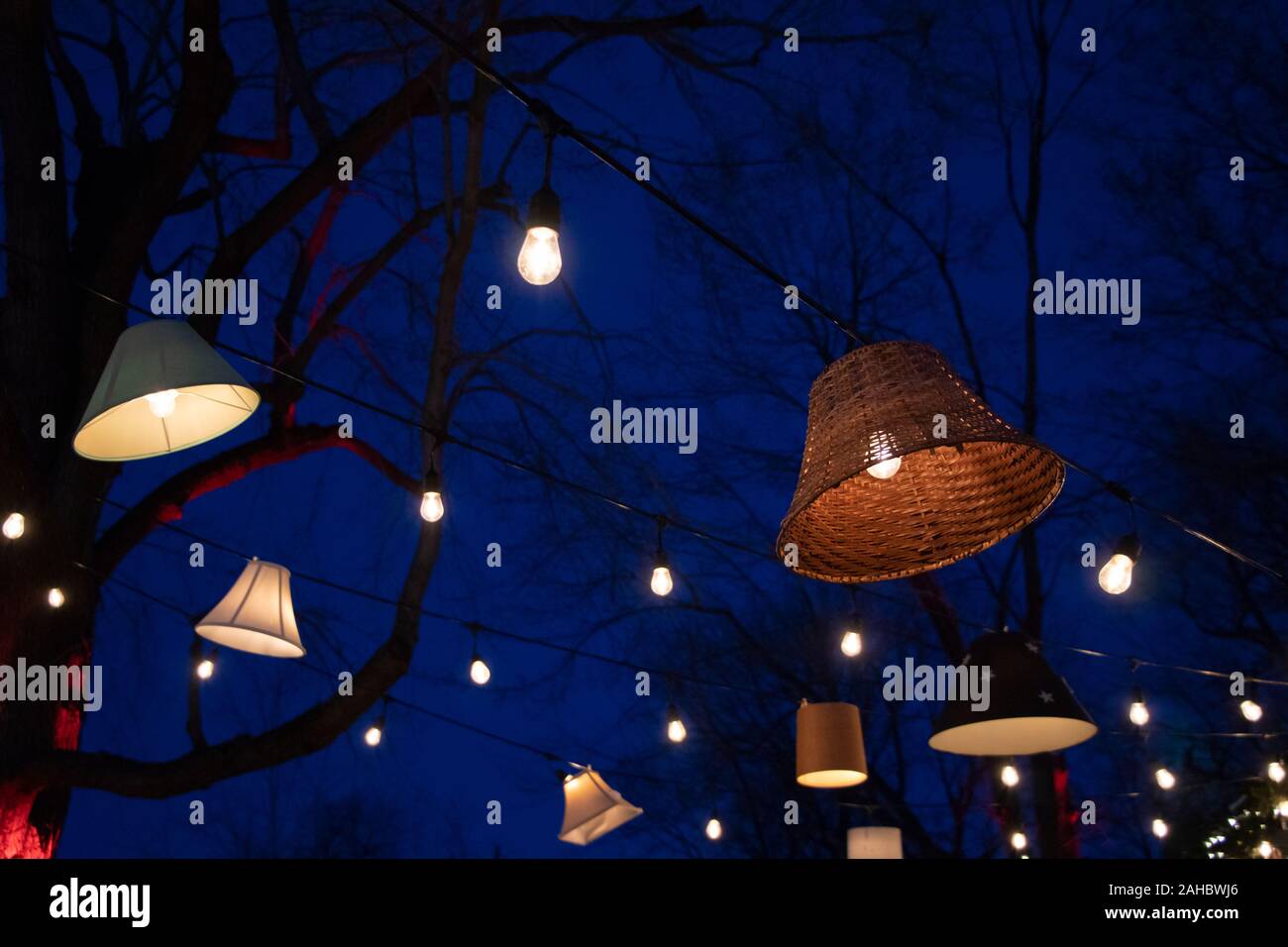 String Lights Lamp Shades at night Stock Photo - Alamy