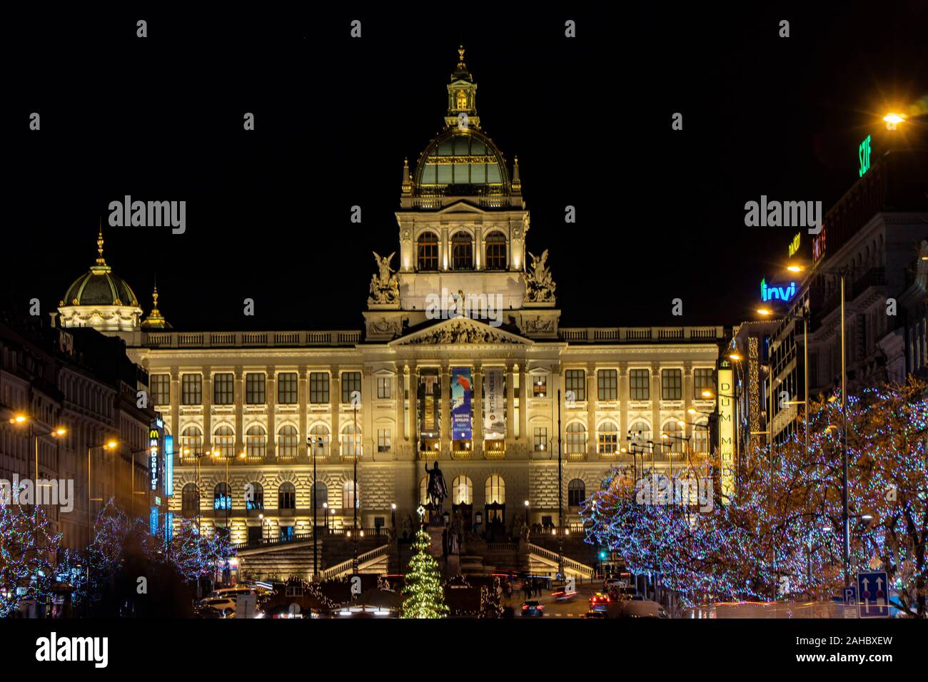 Prague, Czech Republic - December 2019: Wenceslas Square with christmas decorations at night Stock Photo
