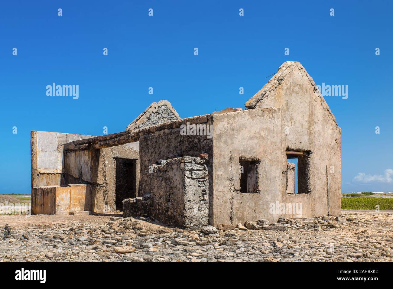 Old historic house as ruin at coast of Bonaire Stock Photo