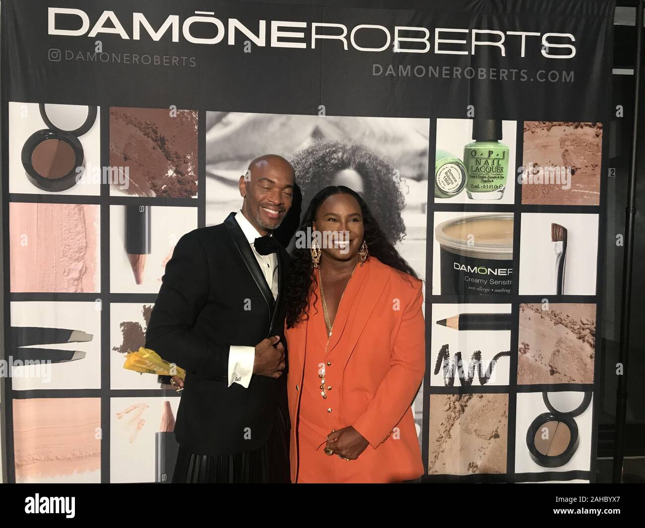 December 22, 2019, Hollywood, California, USA: I16081CHW.Over & Next ''Damone Roberts Beverly Hills'' Holiday Party Celebrating 20 successful years of being LA's Number One Beauty Destination.Damone Roberts Beauty Salon,  Beverly Hills, California, USA  .12/12/2019 .LEON RAMON AND DAMONE ROBERTS     .Â©Clinton H.Wallace/Photomundo International/  Photos Inc  (Credit Image: © Clinton Wallace/Globe Photos via ZUMA Wire) Stock Photo