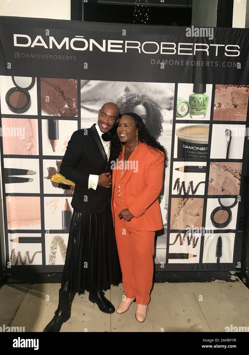 December 22, 2019, Hollywood, California, USA: I16081CHW.Over & Next ''Damone Roberts Beverly Hills'' Holiday Party Celebrating 20 successful years of being LA's Number One Beauty Destination.Damone Roberts Beauty Salon,  Beverly Hills, California, USA  .12/12/2019 .LEON RAMON AND DAMONE ROBERTS     .Â©Clinton H.Wallace/Photomundo International/  Photos Inc  (Credit Image: © Clinton Wallace/Globe Photos via ZUMA Wire) Stock Photo