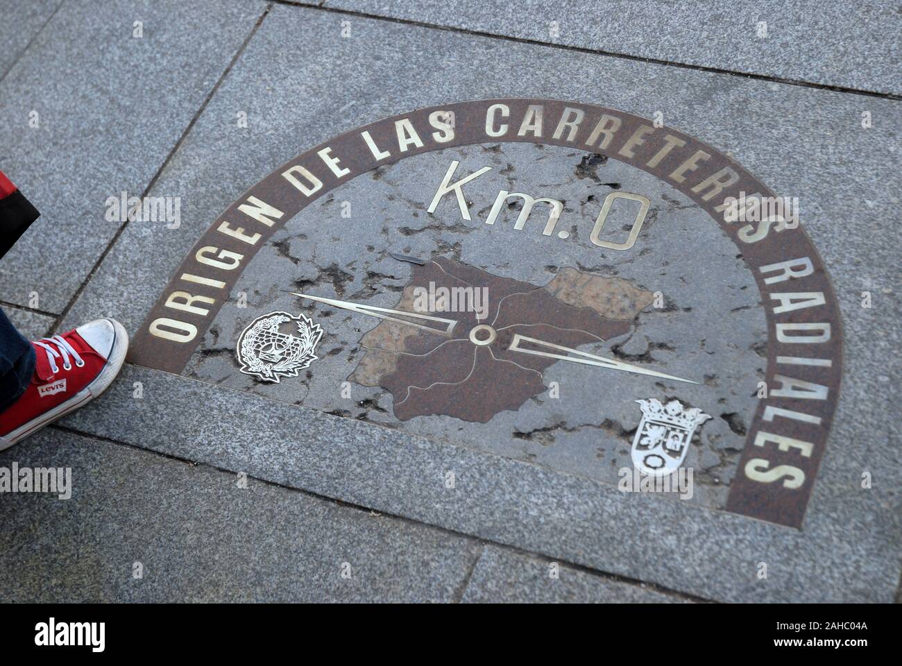 Zero Km stone indicating the geographical centre of Spain Madrid, Spain. Stock Photo