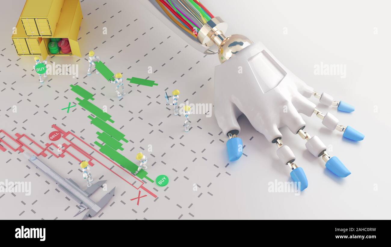Robots assembling the candlestick chart, placing buy and sell orders with a giant robot hand. Stock Photo